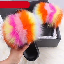 Load image into Gallery viewer, Elegant Indoor Fur Slippers For Women Fur Slides Flip Flops Beach Plush Fluffy Furry Slippers Furry Fuzzy Slides Open Toe Fluffy Slides Fox Fur Feather Sandals Fur Slip On Shoes For Women