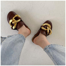 Load image into Gallery viewer, Elegant Metal Chain Design Women Slipper Closed Toe Slip On Shoes Round Toe Low Heels Casual Slides Shoes Flats Loafer Gold Chain Casual Shoes Slip On Women's Slide Sandals Slipers
