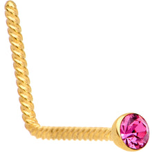 Load image into Gallery viewer, Pink 2mm Gem Inlay Gold IP So Twisted L Shaped Nose Ring