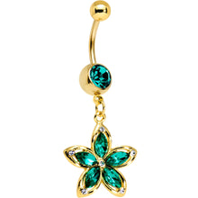 Load image into Gallery viewer, Green Gem Gold PVD Holiday Hibiscus Flower Dangle Belly Ring