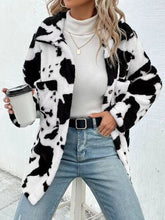 Load image into Gallery viewer, Trendy Black White Cozy Cow Print Collared Neck Button Up Fuzzy Jacket Modern & Warm Outerwear