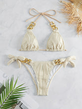 Load image into Gallery viewer, Bikini Ruched Texture Golden Chain 2 Piece Triangle Swimsuit for Women – Striped Halter Bikini Set with Bow Tie Side and Elegant Ring Link Detail – Stretchy Beachwear for Pool Bathing and Summer Vacations
