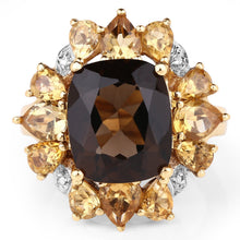 Load image into Gallery viewer, 14K Yellow Gold Plated 7.10 Carat Genuine Smoky Quartz, Citrine & White Topaz Brass Ring