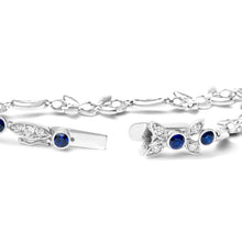 Load image into Gallery viewer, 18K White Gold 1 3/4 Cttw Diamond and 3x3mm Round Blue Sapphire Gemstone Floral Link Bracelet (G-H Color, SI1-SI2 Clarity) - Size 7"