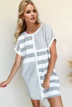 Load image into Gallery viewer, Gray Full Size Striped Round Neck Short Sleeve Mini Tee Dress Casual & Everyday Wear