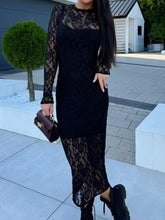 Load image into Gallery viewer, Black Lace Round Neck Long Sleeve Midi Dress Timeless & Elegant Design Women Dress
