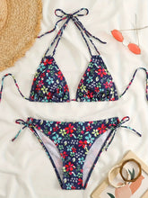 Load image into Gallery viewer, Sunset Bloom 2-Piece Triangle Bikini Set for Women – Vibrant Random Floral Print Halter Neck Swimsuit with Tie-Back Tie-Side Bottoms & High Cut Legs – Women's High-Stretch Swimwear for Summer Beach Escapes