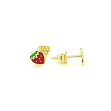 Load image into Gallery viewer, 14k Yellow Gold Enameled Strawberry Childrens Earrings