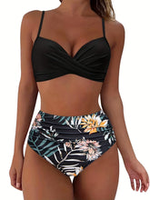 Load image into Gallery viewer, Tropical Vibe High Waist Bikini Set – Flirty V-Neck Swimsuit with Layered Colorblock High Cut Bottom Crisscross Strap Detail & Ultra-Stretch Comfort – Women's Two Piece Swimwear for Summer Beach Pool & Vacation Fun
