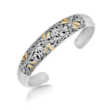 Load image into Gallery viewer, 18k Yellow Gold and Sterling Silver Cuff with Dragonfly and Flourishes
