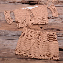 Load image into Gallery viewer, Fashion Beach Bikini Set Knitting Swimsuit Crochet Style Off Shoulder Bathing Handmade Tassels Bikini Bra Two Piece Beach Outfits For Women Crochet Tassels Hollow Out Bikini Bra Top Skirt Cover Up Dress