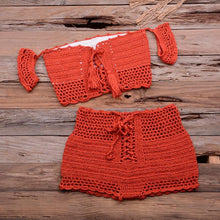 Load image into Gallery viewer, Fashion Beach Bikini Set Knitting Swimsuit Crochet Style Off Shoulder Bathing Handmade Tassels Bikini Bra Two Piece Beach Outfits For Women Crochet Tassels Hollow Out Bikini Bra Top Skirt Cover Up Dress