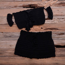Load image into Gallery viewer, Fashion Beach Bikini Set Knitting Swimsuit Crochet Style Off Shoulder Bathing Handmade Tassels Bikini Bra Two Piece Beach Outfits For Women Crochet Tassels Hollow Out Bikini Bra Top Skirt Cover Up Dress