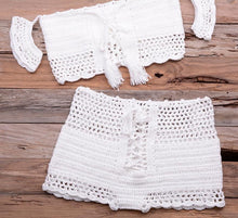 Load image into Gallery viewer, Fashion Beach Bikini Set Knitting Swimsuit Crochet Style Off Shoulder Bathing Handmade Tassels Bikini Bra Two Piece Beach Outfits For Women Crochet Tassels Hollow Out Bikini Bra Top Skirt Cover Up Dress