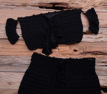 Load image into Gallery viewer, Fashion Beach Bikini Set Knitting Swimsuit Crochet Style Off Shoulder Bathing Handmade Tassels Bikini Bra Two Piece Beach Outfits For Women Crochet Tassels Hollow Out Bikini Bra Top Skirt Cover Up Dress
