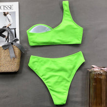 Load image into Gallery viewer, Modern Design Bikini Set One Shoulder Women's Swimsuits High Waist Bright Color Swimwear Women Rings Ribbed Bikinis Women's Ribbed O-Ring String Bikini Swimsuit Comfortable Swimwear