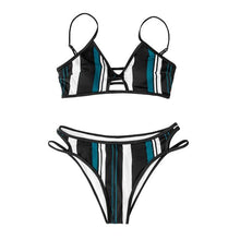 Load image into Gallery viewer, Fashion Blue White Women Striped Bikini Sets Swimsuit Women Halter Top Bikini High Waist Bathing Suits Bandage Two Piece Swimsuit Two Pieces Swimwear Women Summer Beach Adjustable Bathing Suit