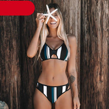 Load image into Gallery viewer, Fashion Blue White Women Striped Bikini Sets Swimsuit Women Halter Top Bikini High Waist Bathing Suits Bandage Two Piece Swimsuit Two Pieces Swimwear Women Summer Beach Adjustable Bathing Suit