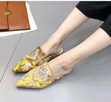 Load image into Gallery viewer, Fashion Embroidery Women Fur Slides Half Slippers Velvet Shoes Flats Flower Decoration Low Heel Flats Leather Slip On Backless Sandals For Girls Womens Work Slides Shoes