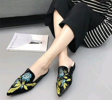 Load image into Gallery viewer, Fashion Embroidery Women Fur Slides Half Slippers Velvet Shoes Flats Flower Decoration Low Heel Flats Leather Slip On Backless Sandals For Girls Womens Work Slides Shoes