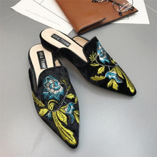Load image into Gallery viewer, Fashion Embroidery Women Fur Slides Half Slippers Velvet Shoes Flats Flower Decoration Low Heel Flats Leather Slip On Backless Sandals For Girls Womens Work Slides Shoes
