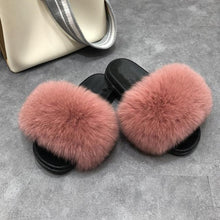 Load image into Gallery viewer, Fashion Fox Fur Slippers Women Home Fluffy Comfort Summer Flats Sweet Shoes Indoor Flip Flops Fur Slides Elegant Sandals Lightweight House Slippers Fuzzy Band Slip On Open Toe Slippers
