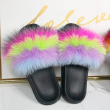 Load image into Gallery viewer, Fashion Fox Fur Slippers Women Home Fluffy Comfort Summer Flats Sweet Shoes Indoor Flip Flops Fur Slides Elegant Sandals Lightweight House Slippers Fuzzy Band Slip On Open Toe Slippers