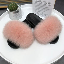Load image into Gallery viewer, Fashion Fox Fur Slippers Women Home Fluffy Comfort Summer Flats Sweet Shoes Indoor Flip Flops Fur Slides Elegant Sandals Lightweight House Slippers Fuzzy Band Slip On Open Toe Slippers