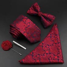 Load image into Gallery viewer, Fashion Red Business Necktie Matching Bowtie Flower Vintage Design Set For Men Self-Tie Bow Tie And Pocket Square Classic Business Tuxedo Wedding Bowties Handkerchief Set Men Necktie And Pocket Square Set