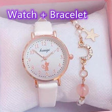 Load image into Gallery viewer, Fashion Set Bracelet Watch Leather Strap Watch Cute Cat Dial Girl Watch Children Quartz Watch Couple Watch Gift Set Valentines Romantic Lovers Watch For Man Woman Leather Strap