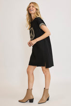 Load image into Gallery viewer, Peace Plaid Applique Short Sleeve Mini Dress For Women β Trendy Plaid Design, Unique Peace Applique, High-Low Hem for a Chic Look
