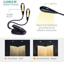 Load image into Gallery viewer, Super Adjustable Goosenecks Clip LED Lamp For Book Reading With Stand And Double Ligh Rechargeable 12 LED Warm Book Light, Clip On Bed Reading Light, Music Stand Lamp, 2 Brightness & 2 Goosenecks Light Up 2 Full Pages. Perfect For Bookworms, Kids & Music