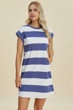 Load image into Gallery viewer, Full Size Striped Round Neck Cap Sleeve Mini Dress For Women – Striped Mini Dress, Full-Size Round Neck Dress, Comfortable Cap Sleeve Dress, Chic Striped Dress, Flattering Mini Dress, Casual Everyday Dress, Versatile Striped Dress