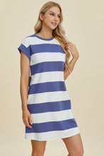 Load image into Gallery viewer, Full Size Striped Round Neck Cap Sleeve Mini Dress For Women – Striped Mini Dress, Full-Size Round Neck Dress, Comfortable Cap Sleeve Dress, Chic Striped Dress, Flattering Mini Dress, Casual Everyday Dress, Versatile Striped Dress