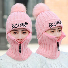 Load image into Gallery viewer, Female Winter Knitted Hats Add Fur Lined Warm Winter Hats For Women With Zipper Keep Face Warmer Balaclava Pompoms Cap Fleece Balaclava Gorgas Bonnet Knitted Hat Windproof Ski Mask Cold Weather Face Mask Motorcycle Balaclava Hood Warmer Winter Sports Cap