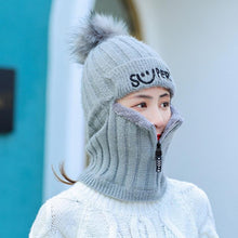 Load image into Gallery viewer, Female Winter Knitted Hats Add Fur Lined Warm Winter Hats For Women With Zipper Keep Face Warmer Balaclava Pompoms Cap Fleece Balaclava Gorgas Bonnet Knitted Hat Windproof Ski Mask Cold Weather Face Mask Motorcycle Balaclava Hood Warmer Winter Sports Cap