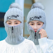 Load image into Gallery viewer, Female Winter Knitted Hats Add Fur Lined Warm Winter Hats For Women With Zipper Keep Face Warmer Balaclava Pompoms Cap Fleece Balaclava Gorgas Bonnet Knitted Hat Windproof Ski Mask Cold Weather Face Mask Motorcycle Balaclava Hood Warmer Winter Sports Cap