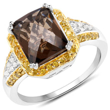 Load image into Gallery viewer, 3.48 Carat Genuine Smoky Quartz, Yellow Diamond and White Diamond .925 Sterling Silver Ring
