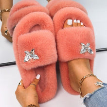 Load image into Gallery viewer, Fluffy Slippers Rhinestone Butterfly Faux Fur Slides Women Sandals Platform Flip Flops Crystal Indoor Slippers Faux Fur Slippers Comfy Open Toe Two Slides Lining And Rubber Sole