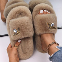 Load image into Gallery viewer, Fluffy Slippers Rhinestone Butterfly Faux Fur Slides Women Sandals Platform Flip Flops Crystal Indoor Slippers Faux Fur Slippers Comfy Open Toe Two Slides Lining And Rubber Sole