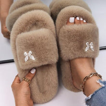 Load image into Gallery viewer, Fluffy Slippers Rhinestone Butterfly Faux Fur Slides Women Sandals Platform Flip Flops Crystal Indoor Slippers Faux Fur Slippers Comfy Open Toe Two Slides Lining And Rubber Sole