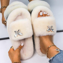 Load image into Gallery viewer, Fluffy Slippers Rhinestone Butterfly Faux Fur Slides Women Sandals Platform Flip Flops Crystal Indoor Slippers Faux Fur Slippers Comfy Open Toe Two Slides Lining And Rubber Sole