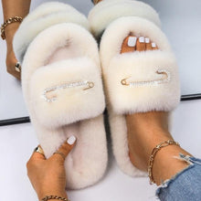 Load image into Gallery viewer, Fluffy Slippers Rhinestone Butterfly Faux Fur Slides Women Sandals Platform Flip Flops Crystal Indoor Slippers Faux Fur Slippers Comfy Open Toe Two Slides Lining And Rubber Sole