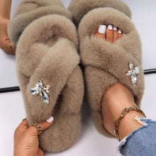 Load image into Gallery viewer, Fluffy Slippers Rhinestone Butterfly Faux Fur Slides Women Sandals Platform Flip Flops Crystal Indoor Slippers Faux Fur Slippers Comfy Open Toe Two Slides Lining And Rubber Sole