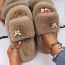 Load image into Gallery viewer, Fluffy Slippers Rhinestone Butterfly Faux Fur Slides Women Sandals Platform Flip Flops Crystal Indoor Slippers Faux Fur Slippers Comfy Open Toe Two Slides Lining And Rubber Sole