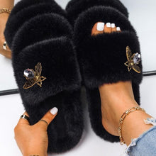 Load image into Gallery viewer, Fluffy Slippers Rhinestone Butterfly Faux Fur Slides Women Sandals Platform Flip Flops Crystal Indoor Slippers Faux Fur Slippers Comfy Open Toe Two Slides Lining And Rubber Sole