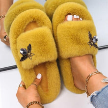 Load image into Gallery viewer, Fluffy Slippers Rhinestone Butterfly Faux Fur Slides Women Sandals Platform Flip Flops Crystal Indoor Slippers Faux Fur Slippers Comfy Open Toe Two Slides Lining And Rubber Sole