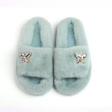 Load image into Gallery viewer, Fluffy Slippers Rhinestone Butterfly Faux Fur Slides Women Sandals Platform Flip Flops Crystal Indoor Slippers Faux Fur Slippers Comfy Open Toe Two Slides Lining And Rubber Sole
