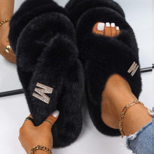 Load image into Gallery viewer, Fluffy Slippers Rhinestone Butterfly Faux Fur Slides Women Sandals Platform Flip Flops Crystal Indoor Slippers Faux Fur Slippers Comfy Open Toe Two Slides Lining And Rubber Sole