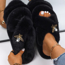Load image into Gallery viewer, Fluffy Slippers Rhinestone Butterfly Faux Fur Slides Women Sandals Platform Flip Flops Crystal Indoor Slippers Faux Fur Slippers Comfy Open Toe Two Slides Lining And Rubber Sole